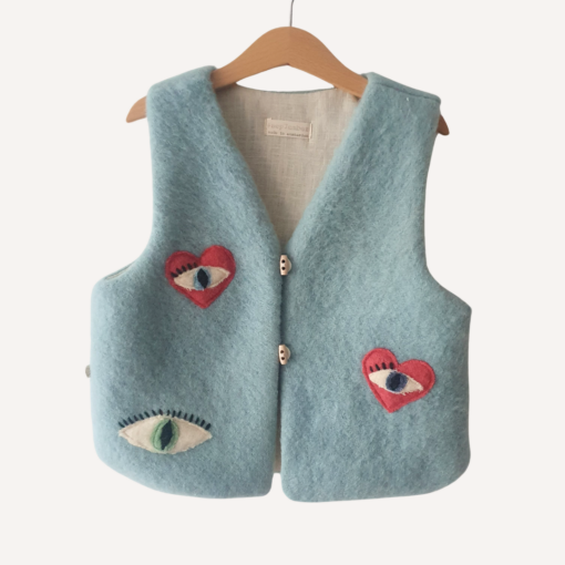 Vintage wollen gilet met hartjes en oog maat 110/116
