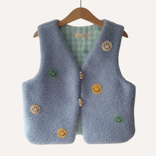 Vintage wollen gilet met smiley's, maat 110/116