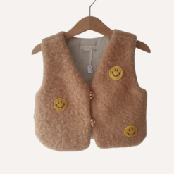 Vintage wollen gilet met smiley's, maat 86/92